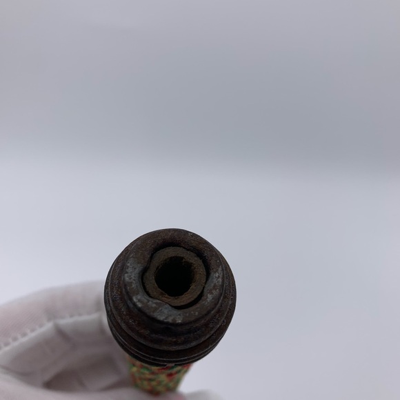 Vintage Wooden Bobbin Spool With Metal Threads And Green,Red, & Yellow Yarn 7" - Picture 4 of 8